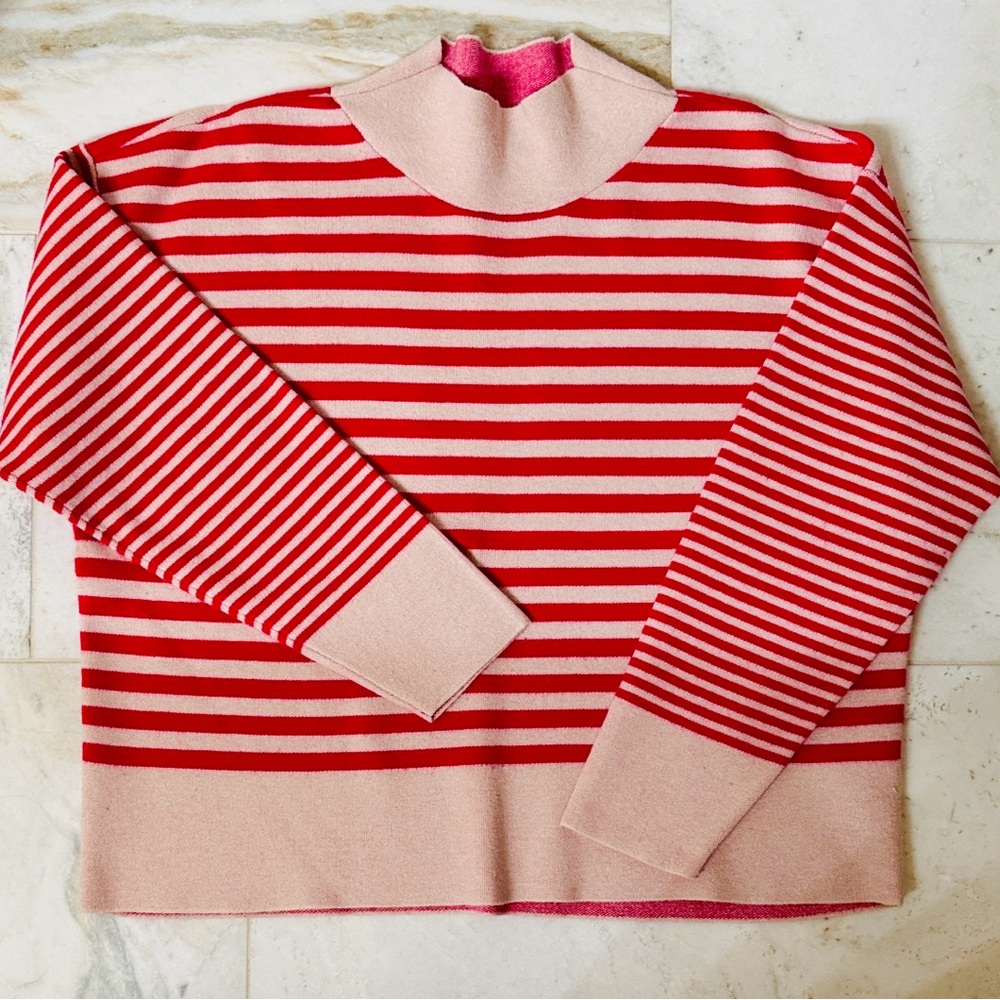 Anthropologie Maeve CARYS Mock Neck Red and Pink Striped Sweater